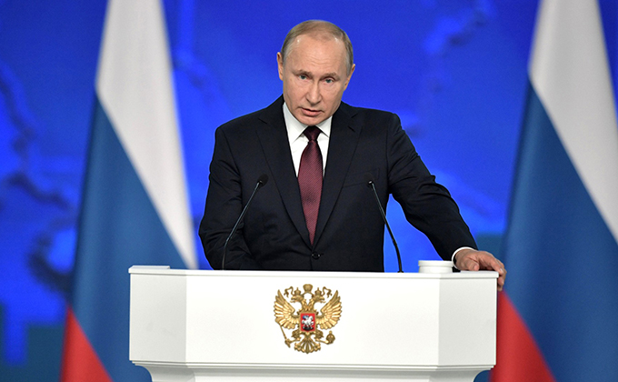 HANDOUT - 20 February 2019, Russia, Moscow: Russian President Vladimir Putin delivers a speech during a ceremony to address members of the Russian Federal Assembly. Photo: -/Kremlin/dpa - ATTENTION: editorial use only and only if the credit mentioned abov