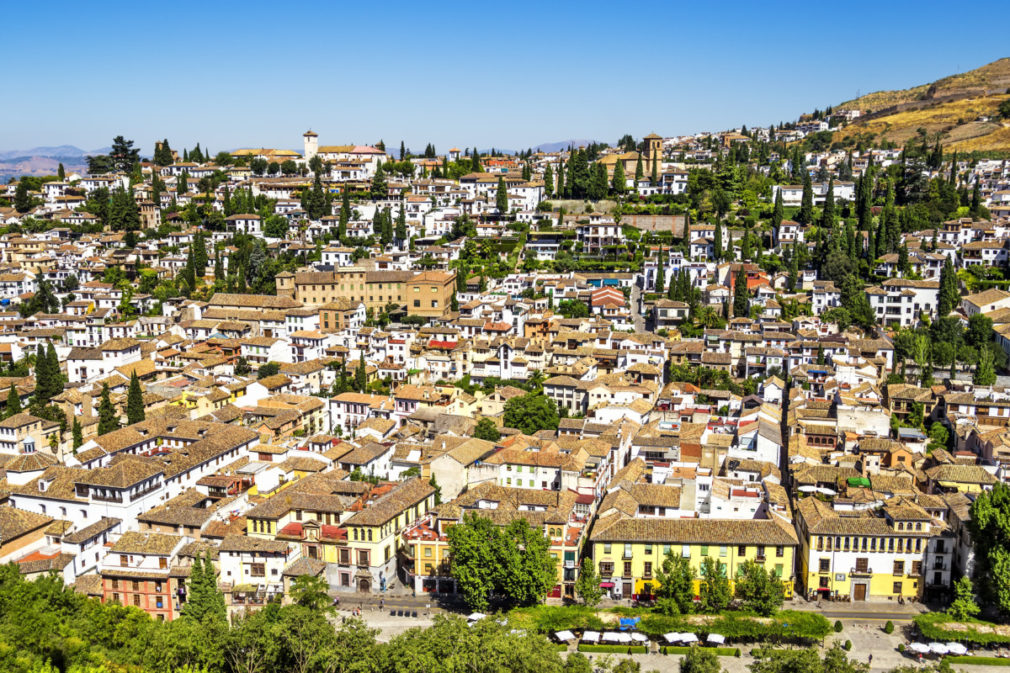 Bird view of the Albaicin in Granada as seen from Alhambra tower