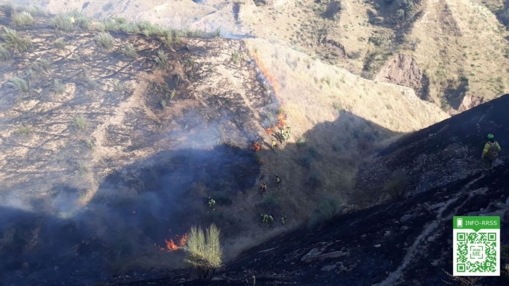 Efectivos del Infoca luchan contra las llamas en el cerro de Granada afectado por el incendio