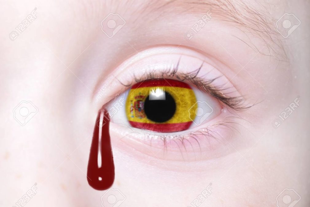 human's eye with national flag of spain with bloody tears.