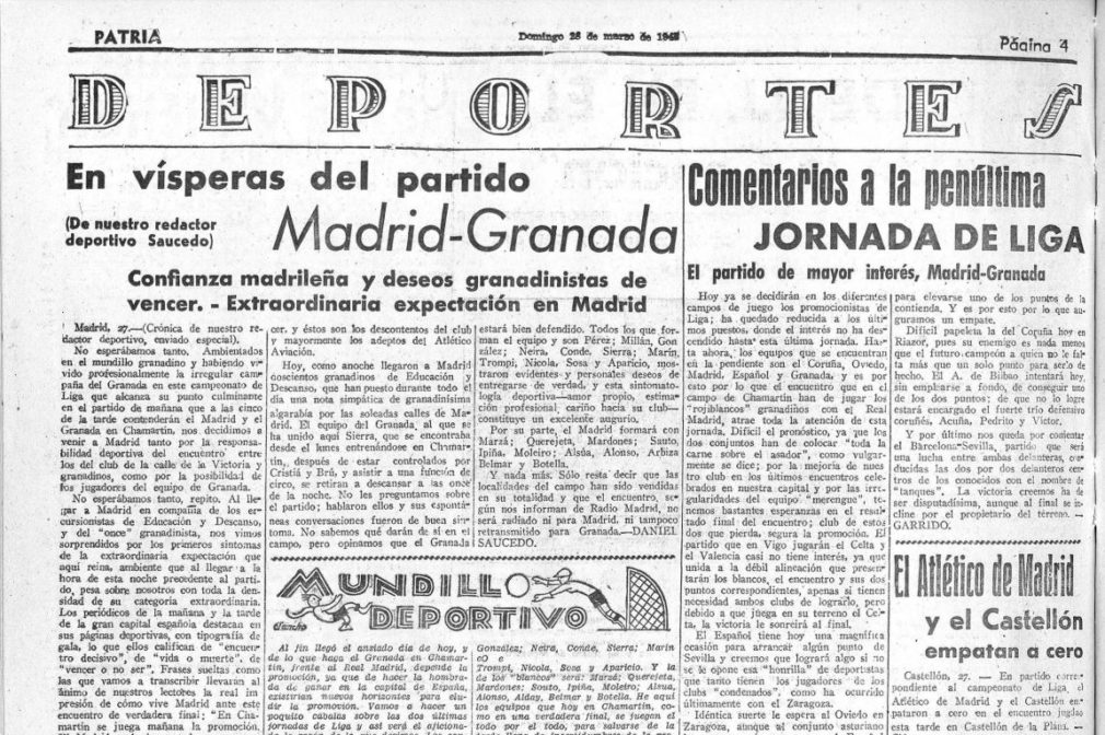 Recorte del diario 'Patria' con la previa del Madrid-Granada. BVA