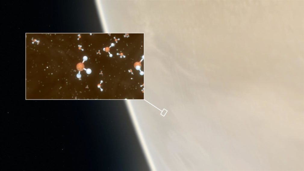 Impresión artística de Venus, con un recuadro que muestra una representación de las moléculas de fosfina detectadas en las nubes altas