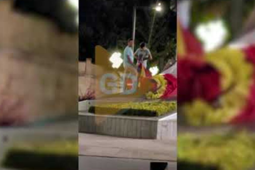 Dos jóvenes descuelgan la bandera de España avenida Constitución
