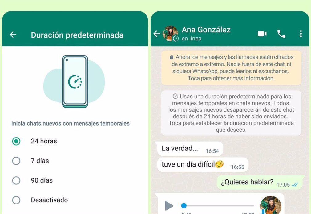 Nuevas opciones en los mensajes temporales de WhatsApp