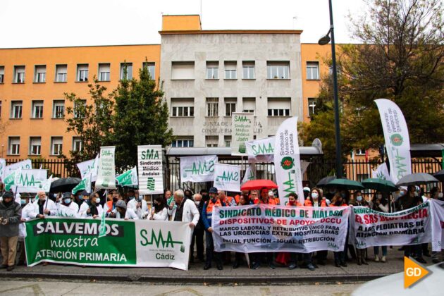 Más de un centenar de profesionales se han concentrado ante la Delegación Provincial de la Consejería de Salud y Familias | Foto: Dani Bayona