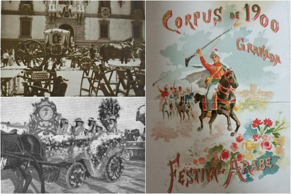 Carroza del Viático o de San Ildefonso (arriba izquierda), Gran Batalla de Flores (abajo izquierda) y Carrera de la Pólvora
