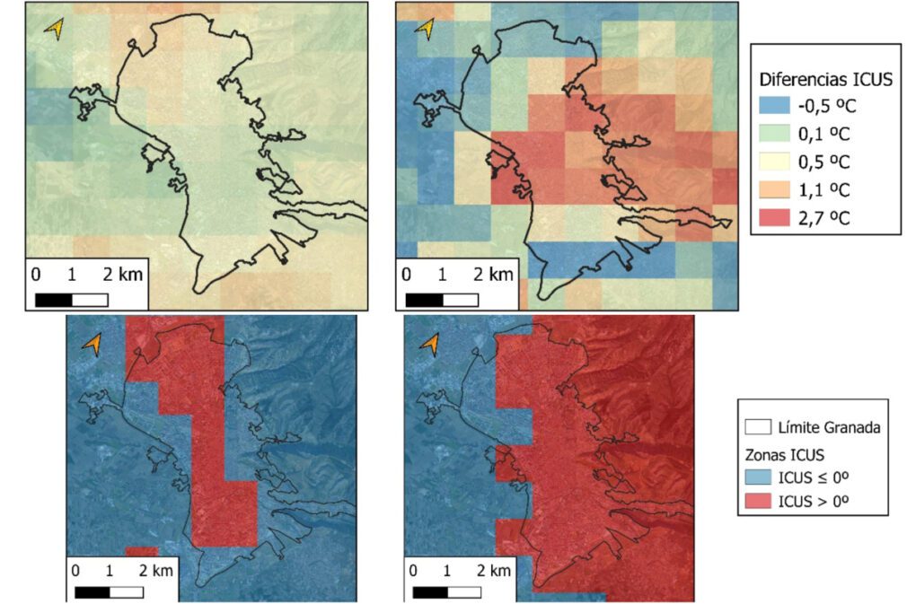 Arriba, diferencias de intensidades de la isla de calor urbana de superficie diurna y nocturna, y abajo, superficie afectada con ICUS positiva diurna y nocturna Foto Gabinete