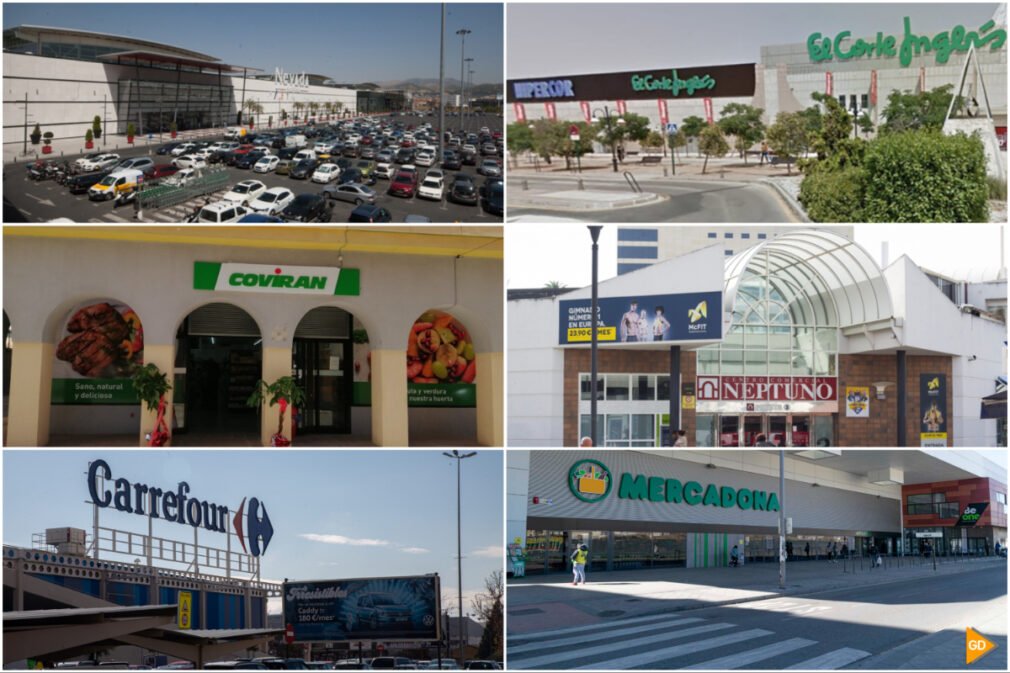 Centro Comercial Nevada Shopping, Hipercor, El Corte Inglés, Covirán, Centro Comercial Neptuno, Carrefour y Mercadona