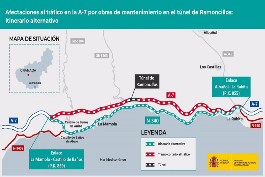 Granada.- El tráfico en la A-7 en la costa se verá afectado este jueves por los trabajos en el túnel de Ramoncillos