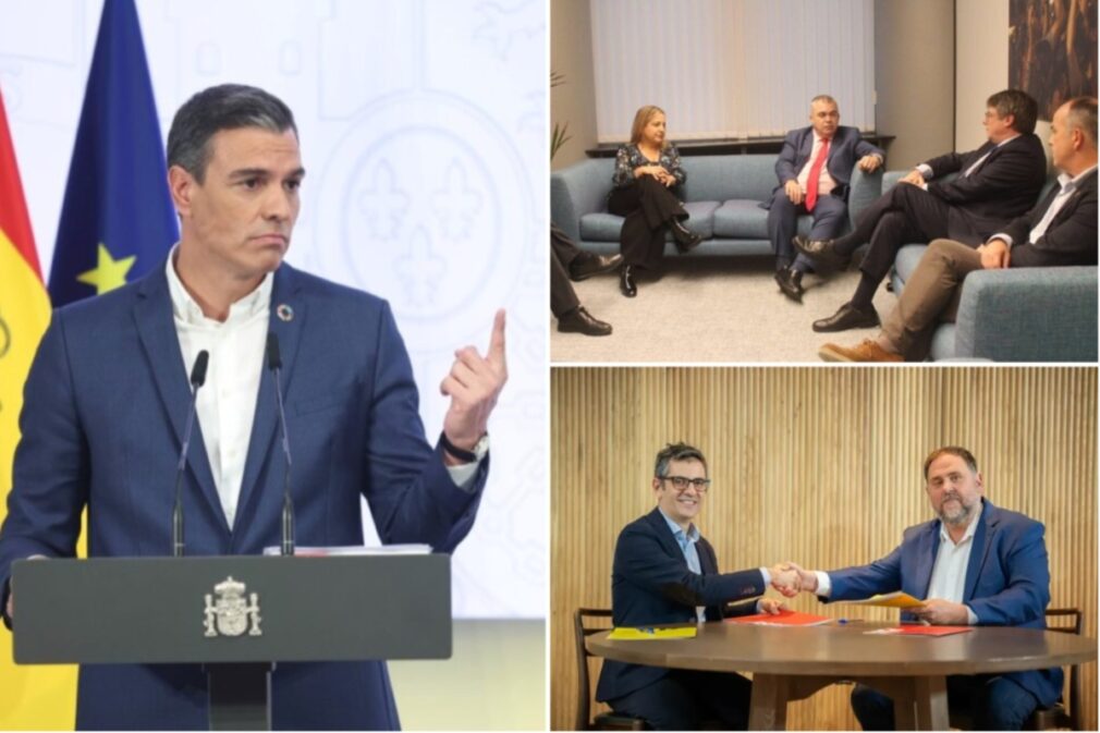 Pedro Sánchez, negociación de Santos Cerdán con Carles Puigdemont y Jordi Turull sobre la amnistía y la investidura de Sánchez y firma del acuerdo de investidura de Sánchez entre Félix Bolaños y Oriol Junqueras