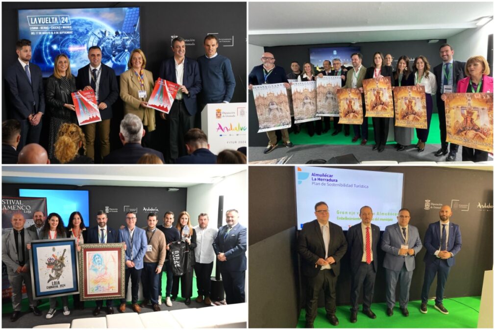 De arriba abajo y de izquierda a derecha, presentaciones de Motril, Granada y la Alpujarra para La Vuelta; así como las de Guadix, Loja y Almuñécar-La Herradura en Fitur