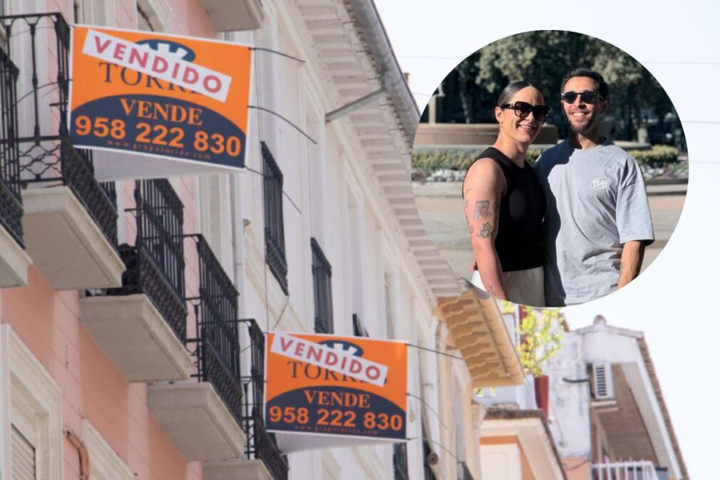Fotomontaje casa vendidas y pareja joven