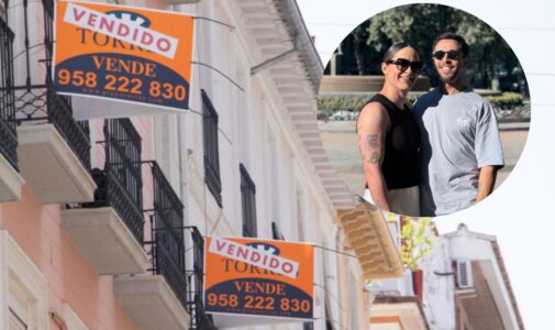 Fotomontaje casa vendidas y pareja joven